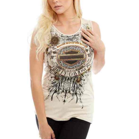 Harley-Davidson Tops - Harley-Davidson Embellished Sleeveless Crochet Back Tank Top S NWOT